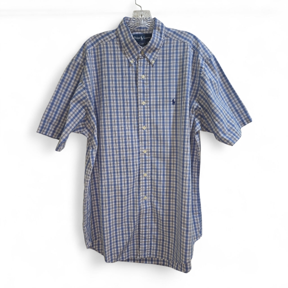 Vintage Ralph Lauren Men's Large Button Up Blue Plaid Short Sleeve Shirt Polo